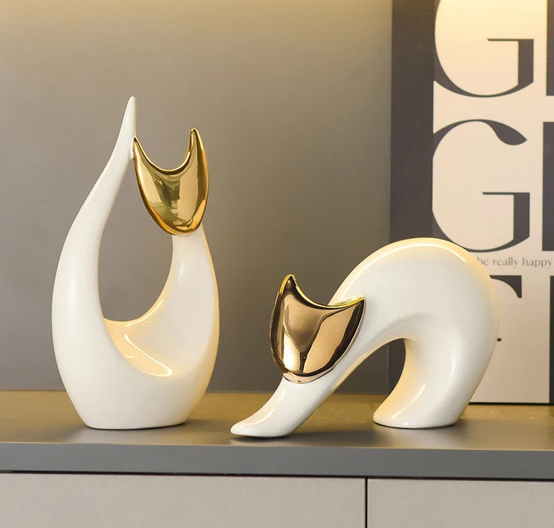 Arte abstrata cerâmica gatinho estátua branco animal ornamentos mesa decoração porcelana gato escultura sala estética decoração