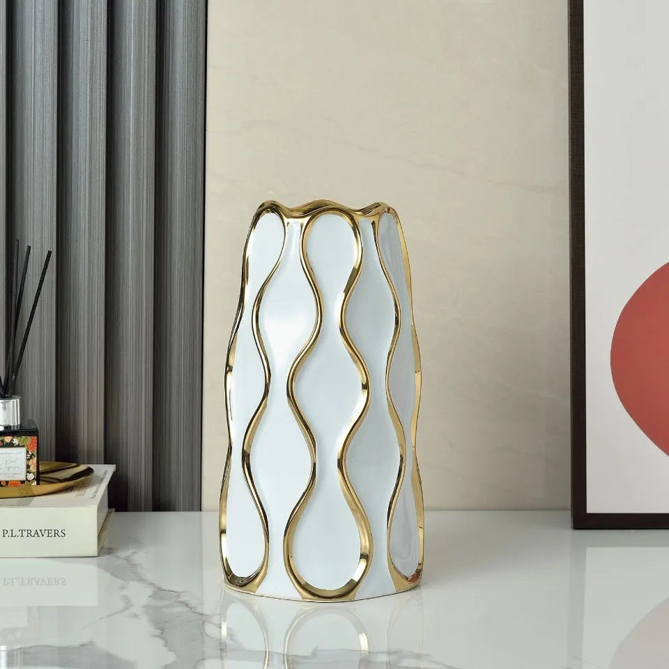 Vaso cerâmico galvanizado, ornamentos de flores douradas, arranjo de flores secas, decoração moderna da sala de estar, preto e branco