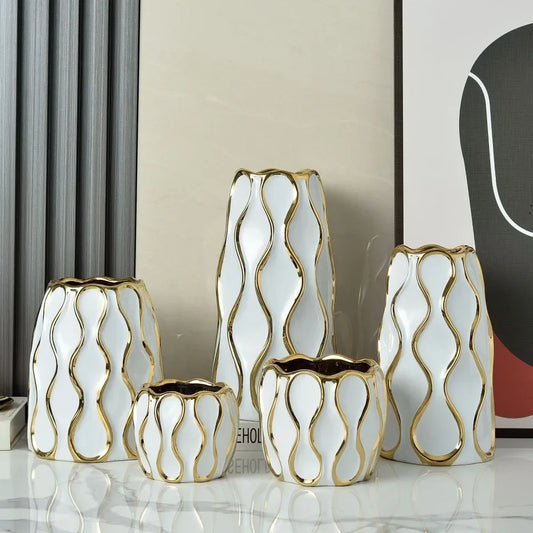 Vaso cerâmico galvanizado, ornamentos de flores douradas, arranjo de flores secas, decoração moderna da sala de estar, preto e branco