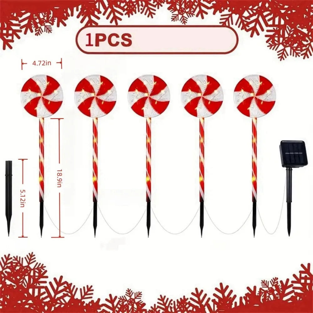 Luzes à terra de doces de árvore de Natal movidas a energia solar, decorações de cenas de gramado de férias, luzes de ambiente, paisagem de pátio ao ar livre l