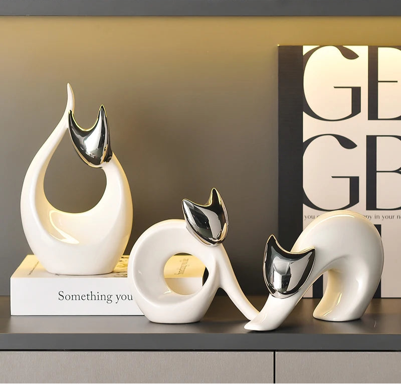 Arte abstrata cerâmica gatinho estátua branco animal ornamentos mesa decoração porcelana gato escultura sala estética decoração