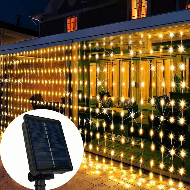 Cortina de luz solar led ao ar livre à prova dwaterproof água guirlanda decoração natal luzes da corda quintal casamento guirlanda luzes da corda