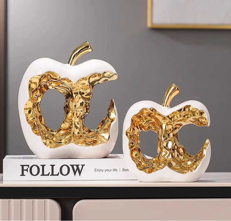 Maçã banhada a ouro oca artesanato escultura de cerâmica decoração de mesa ornamentos criativo estátua de maçã decoração estética do quarto