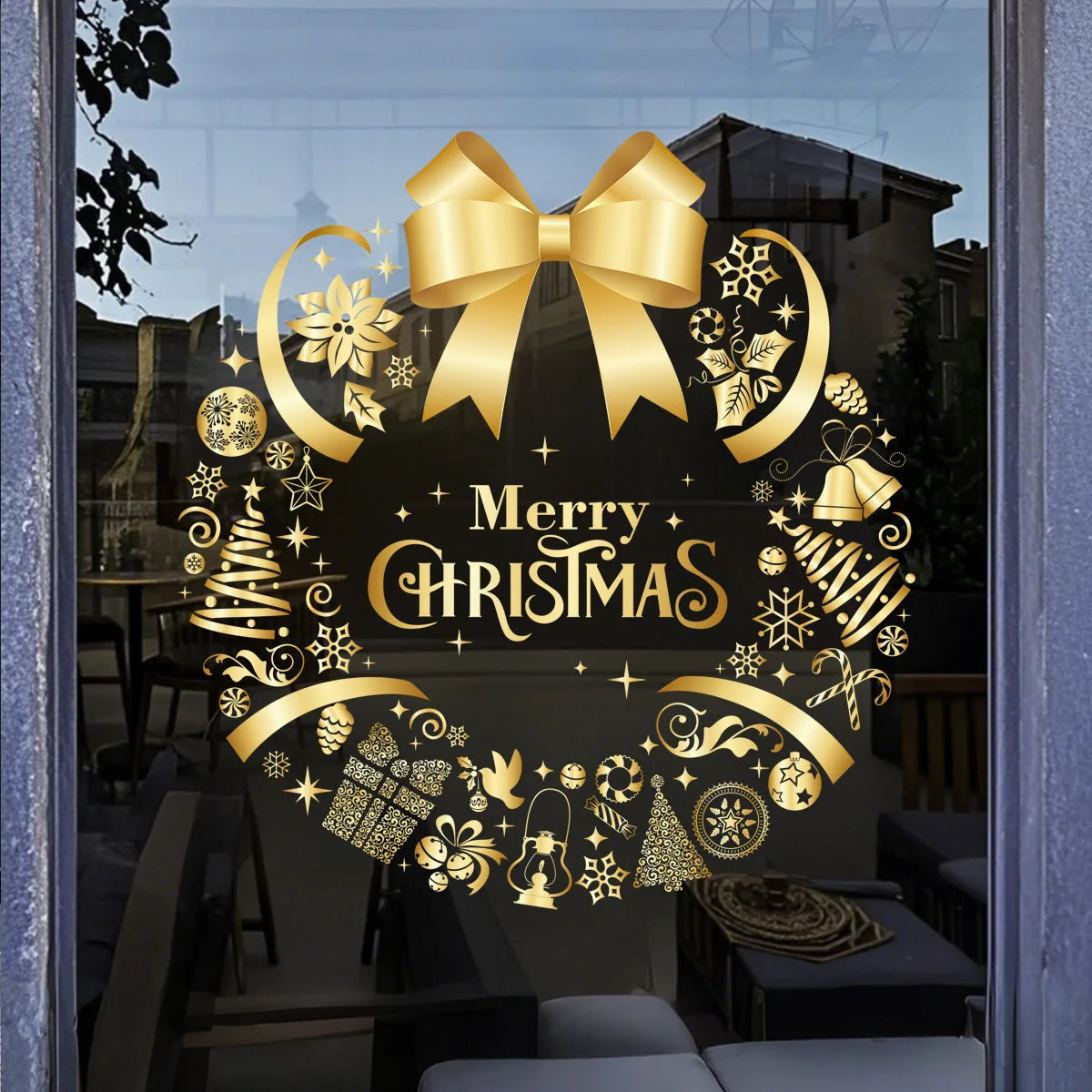 Adesivo de natal ouro pvc dupla face impresso adesivo de janela estática família vidro decorativo atmosfera de natal adesivo