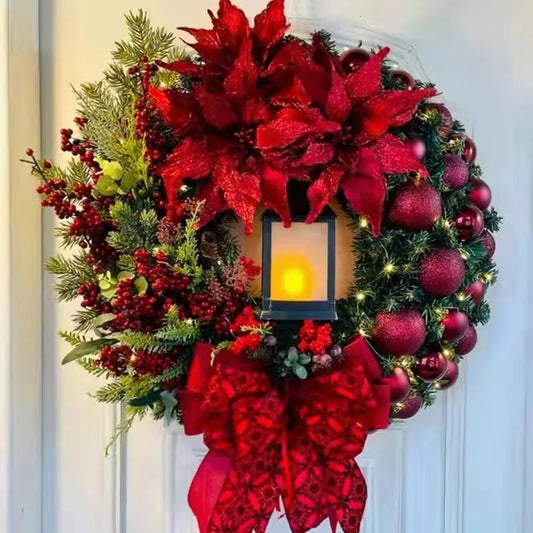 45cm grinalda vermelha com lâmpada para porta da frente bola vermelha flor guirlanda ornamento de natal janela parede pendurado decoração decorações de natal
