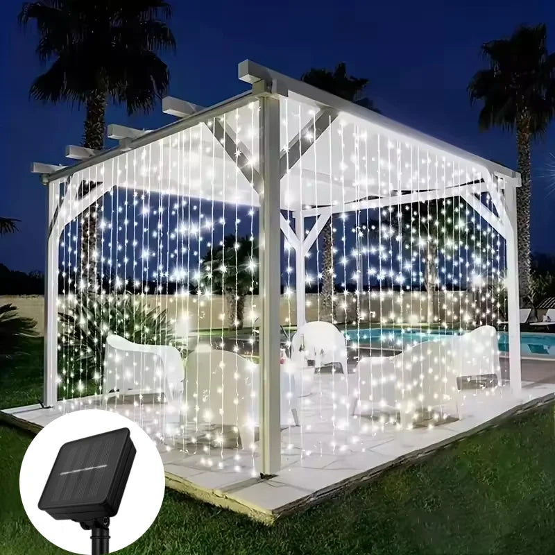 Cortina de luz solar ao ar livre à prova dwaterproof água solar fada guirlanda luzes da corda jardim quintal pavilhão festa casamento decoração do feriado luzes