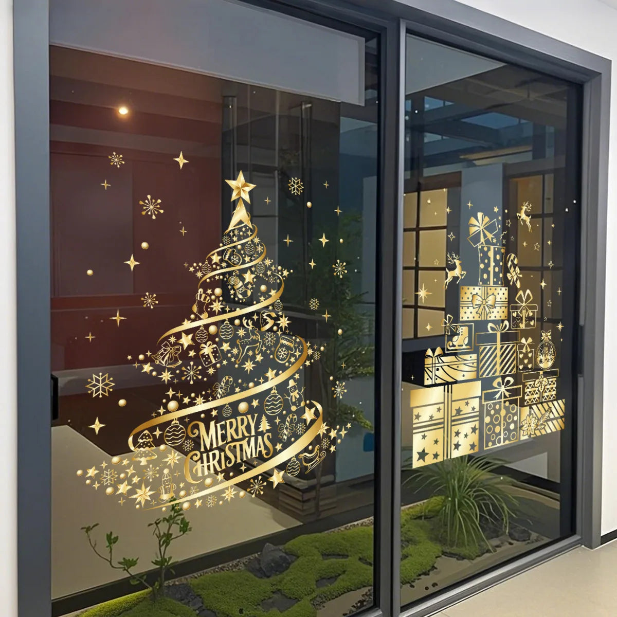 Adesivo de natal ouro pvc dupla face impresso adesivo de janela estática família vidro decorativo atmosfera de natal adesivo
