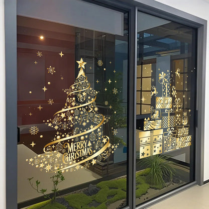 Adesivo de natal ouro pvc dupla face impresso adesivo de janela estática família vidro decorativo atmosfera de natal adesivo