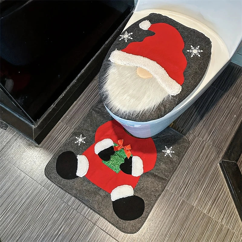 Conjunto de capa de assento de vaso sanitário de Papai Noel, 2 peças, decoração de banheiro de Natal, capa de assento de vaso sanitário e tapete para Natal