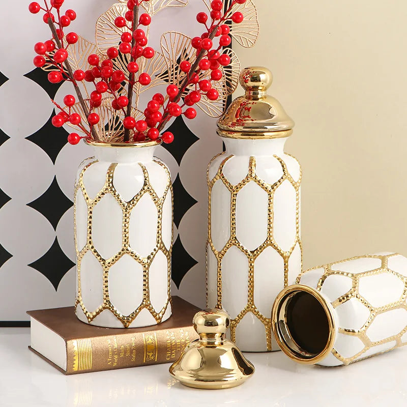 Vaso geral de cerâmica ornamentos vaso sala de estar estilo europeu ouro luxo arranjo de flores casa grande decoração macia artesanato