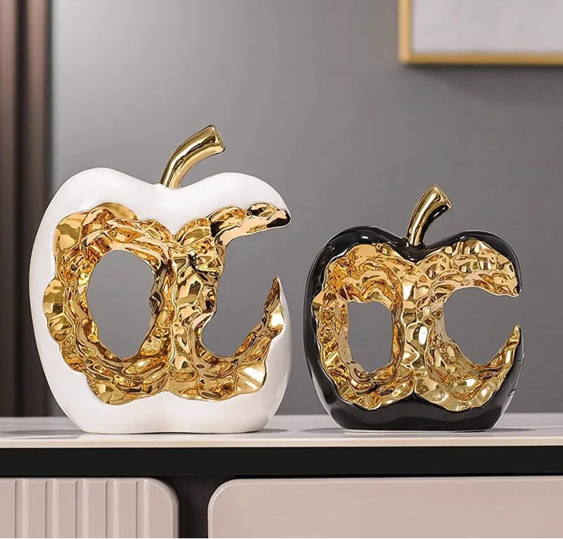 Maçã banhada a ouro oca artesanato escultura de cerâmica decoração de mesa ornamentos criativo estátua de maçã decoração estética do quarto
