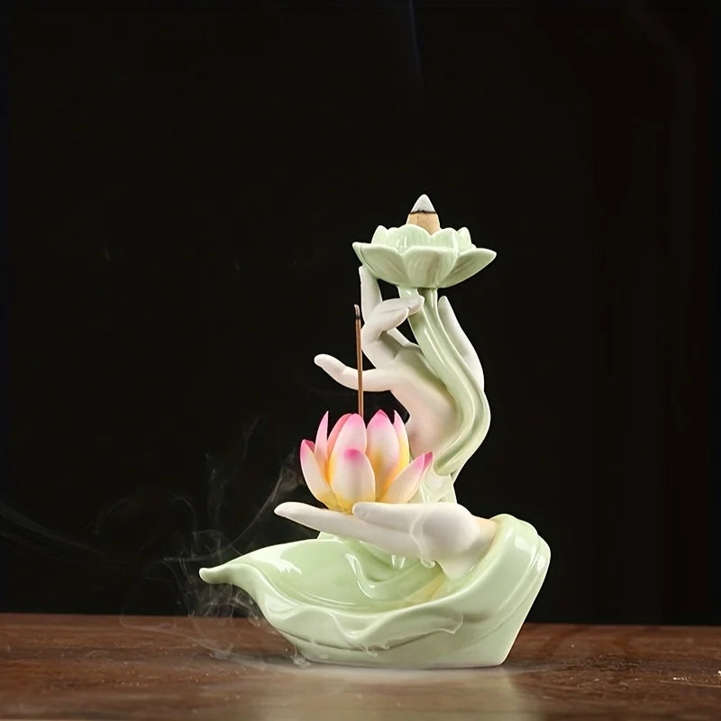 Suporte de queimador de incenso de refluxo LED de lótus de mão de Buda estilo chinês, difusor de fragrância de lótus artesanal puro para decoração de casa