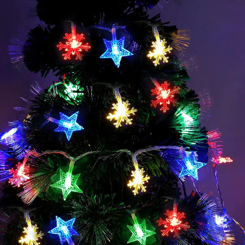 Led multi colorido floco de neve estrela luzes da corda colorido feriado pendurado luzes árvore natal interior & exterior decorações do jardim