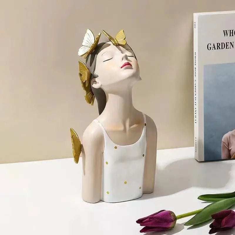 Rosto moderno para cima retrato borboleta meninas ornamentos de resina casa sala estar escultura decoração loja escritório estatuetas artesanato