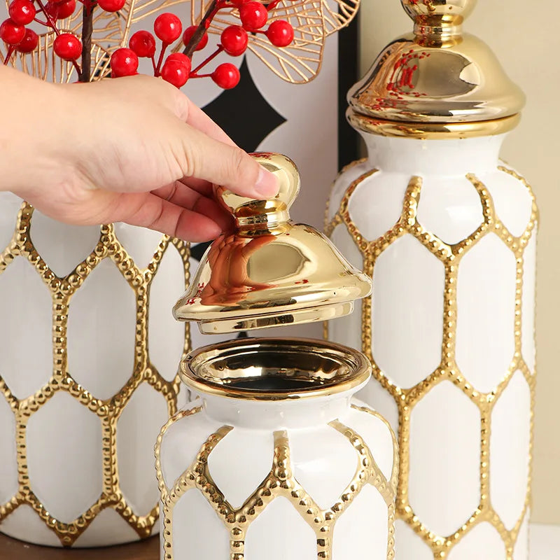 Vaso geral de cerâmica ornamentos vaso sala de estar estilo europeu ouro luxo arranjo de flores casa grande decoração macia artesanato