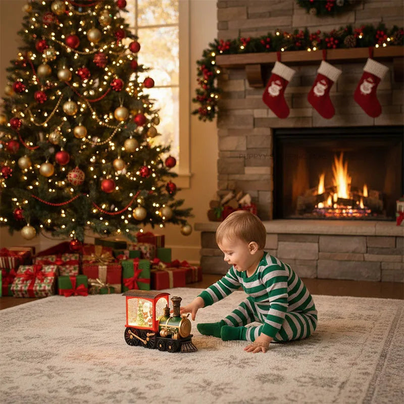 Decorações de trem de natal, trem de decoração de véspera de natal, bola de cristal decoração de mesa de árvore de natal para crianças presentes de ano novo