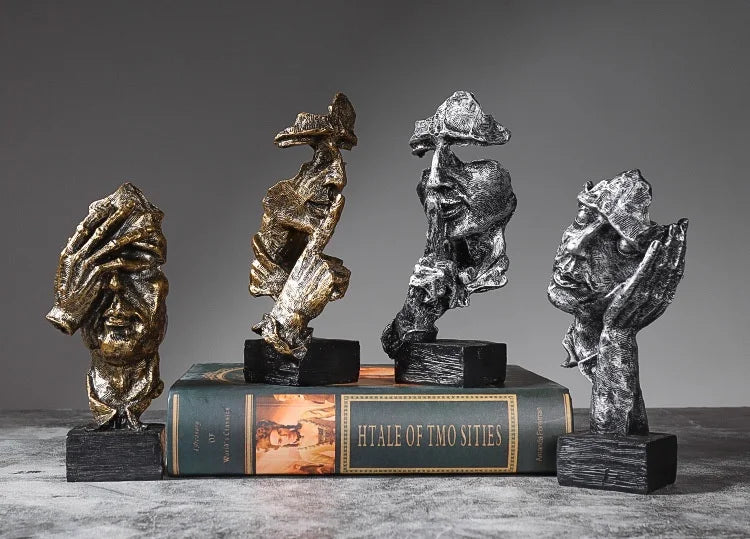 Vilead 16cm conjunto de 3 escultura abstrata resina silêncio é estátua de ouro areia preta escritório estante decoração de mesa objeto prateleira