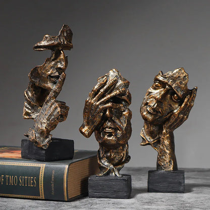 Vilead 16cm conjunto de 3 escultura abstrata resina silêncio é estátua de ouro areia preta escritório estante decoração de mesa objeto prateleira