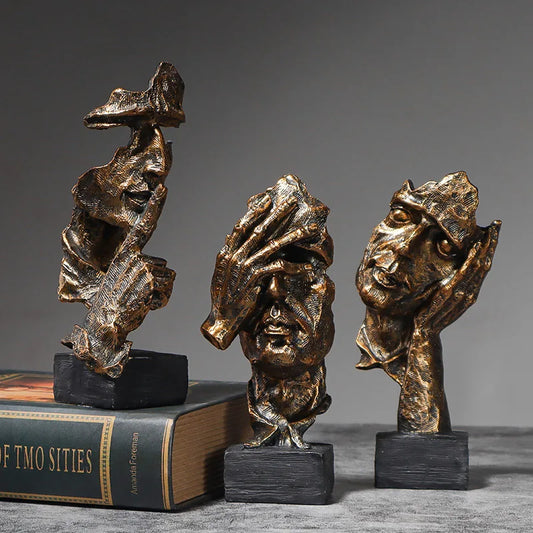 Vilead 16cm conjunto de 3 escultura abstrata resina silêncio é estátua de ouro areia preta escritório estante decoração de mesa objeto prateleira