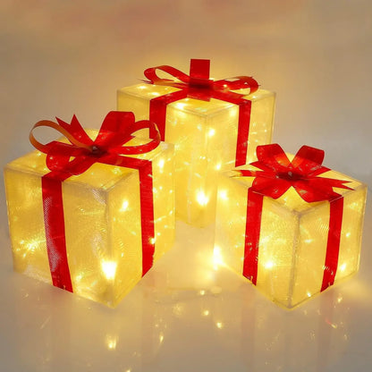 3 pçs iluminar caixas de presente decoração brilhante caixa dobrável com arco iluminação led luminosa festa de natal desktop presente ornamento