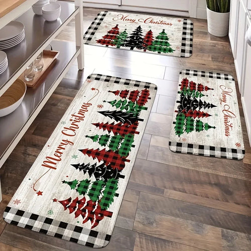 Tapete de cozinha de natal vintage, tapete antiderrapante de flanela xadrez de búfalo de madeira de árvore com esponja para decoração de vários quartos