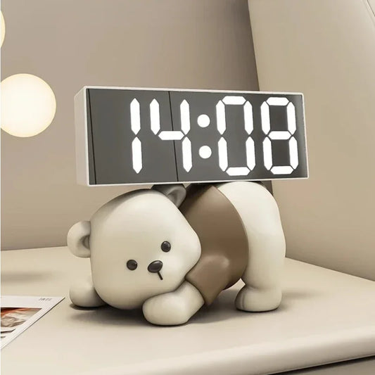 Relógio Despertador digital com Resina Urso, Bonito Estátua Ornamentos, Esculturas de animais, Decoração Desktop Eletrônico, Sala Decor