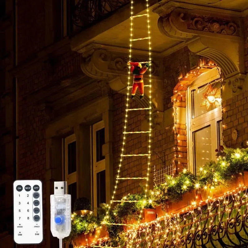 1 pçs decoração de natal papai noel escada de escalada led luz usb plug 8 modos de iluminação luz corda parede casa decoração da árvore de natal