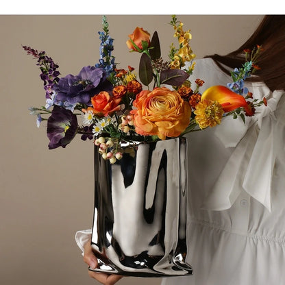 Vaso de cerâmica banhado a prata, decoração de mesa, vasos plissados, vasos de flores decorativos, arranjo de flores, decoração moderna para casa
