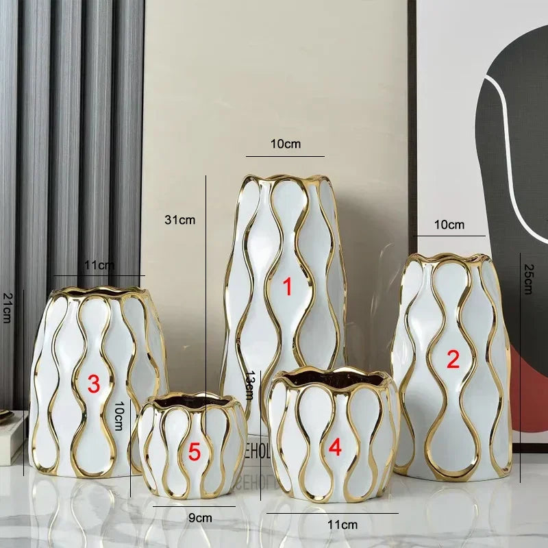 Vaso cerâmico galvanizado, ornamentos de flores douradas, arranjo de flores secas, decoração moderna da sala de estar, preto e branco