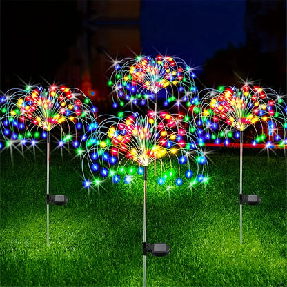 1 pacote de luz solar de fogos de artifício ao ar livre, luzes solares impermeáveis da flor do jardim ip65 com 8 modos de iluminação para a iluminação exterior