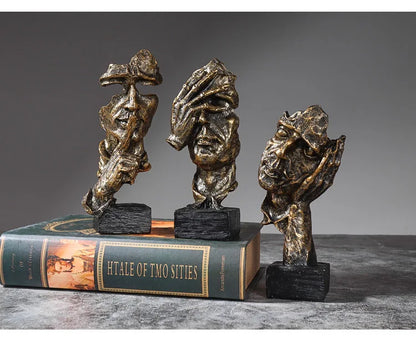 Vilead 16cm conjunto de 3 escultura abstrata resina silêncio é estátua de ouro areia preta escritório estante decoração de mesa objeto prateleira