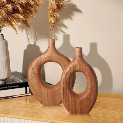 Vaso de madeira sólida estilo nórdico, vaso de flores com design de rosquinha, recipiente de arranjo de flores secas, ornamento, mesa de sala de estar, decoração de casa, 1 peça