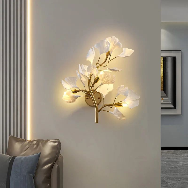 Luxo acrílico ginkgo folha lâmpada de parede sala estar fundo criativo luz parede foyer corredor quarto cabeceira nordic luz