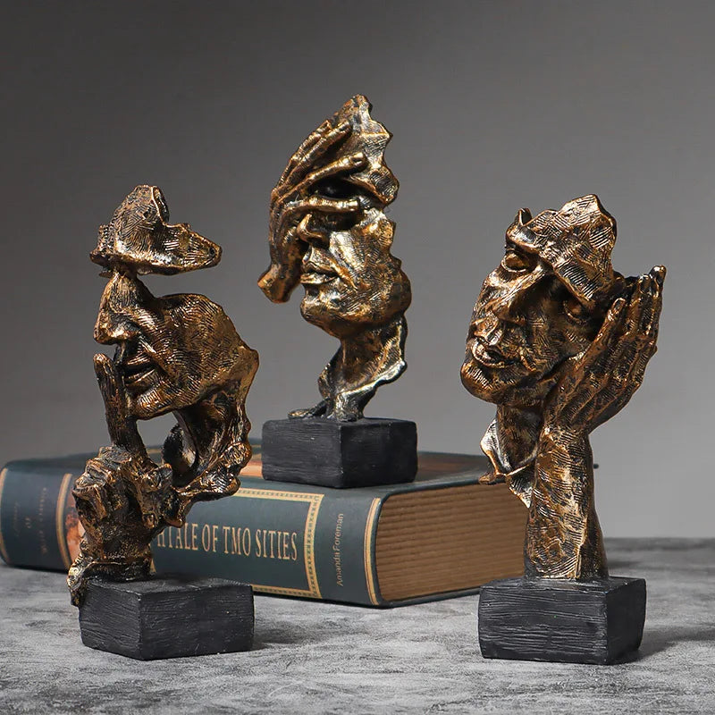 Vilead 16cm conjunto de 3 escultura abstrata resina silêncio é estátua de ouro areia preta escritório estante decoração de mesa objeto prateleira