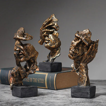Vilead 16cm conjunto de 3 escultura abstrata resina silêncio é estátua de ouro areia preta escritório estante decoração de mesa objeto prateleira