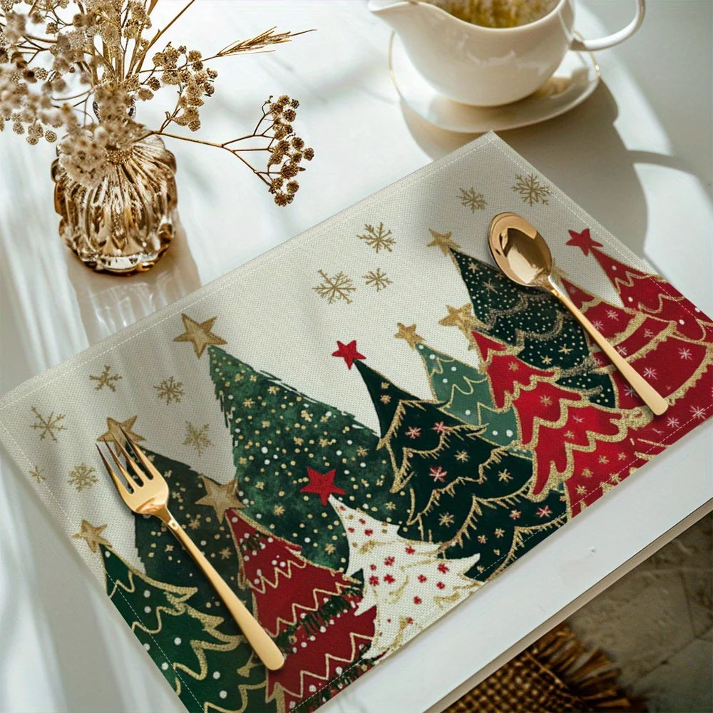 VIKAMA 4/6/8/10 unidades de jogos americanos estampados com árvore de Natal, tapetes de mesa de cozinha laváveis, jogos americanos decorativos de Natal