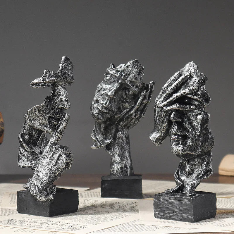 Vilead 16cm conjunto de 3 escultura abstrata resina silêncio é estátua de ouro areia preta escritório estante decoração de mesa objeto prateleira