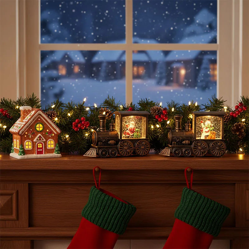 Decorações de trem de natal, trem de decoração de véspera de natal, bola de cristal decoração de mesa de árvore de natal para crianças presentes de ano novo