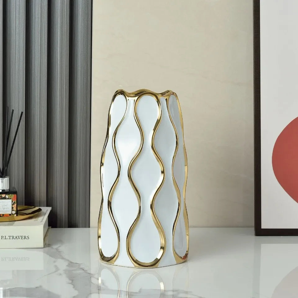 Vaso cerâmico galvanizado, ornamentos de flores douradas, arranjo de flores secas, decoração moderna da sala de estar, preto e branco