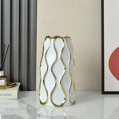 Vaso cerâmico galvanizado, ornamentos de flores douradas, arranjo de flores secas, decoração moderna da sala de estar, preto e branco