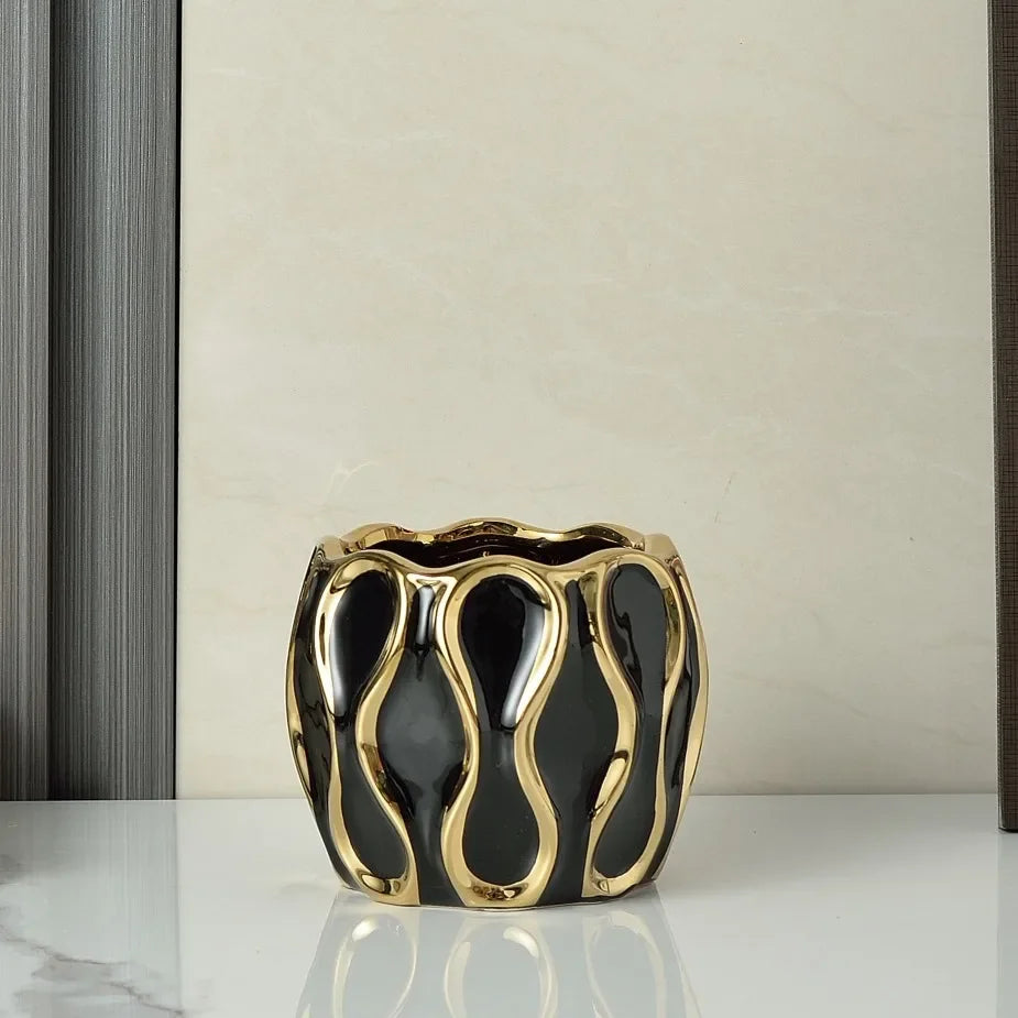 Vaso cerâmico galvanizado, ornamentos de flores douradas, arranjo de flores secas, decoração moderna da sala de estar, preto e branco
