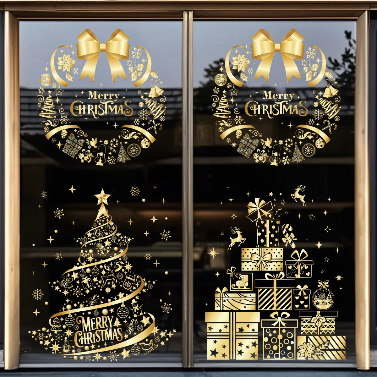 Adesivo de natal ouro pvc dupla face impresso adesivo de janela estática família vidro decorativo atmosfera de natal adesivo