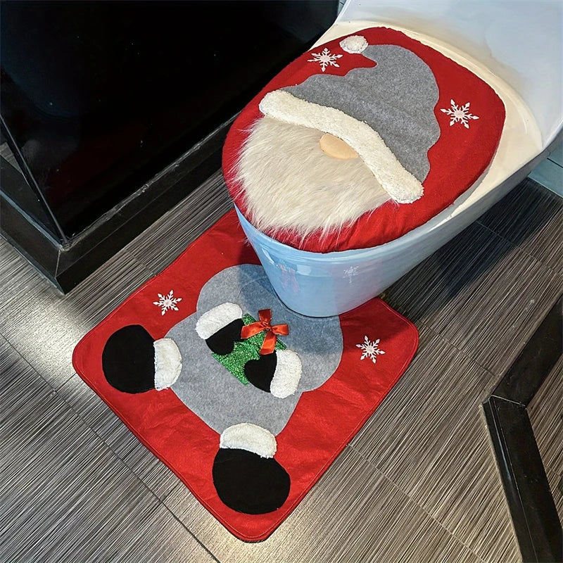 Conjunto de capa de assento de vaso sanitário de Papai Noel, 2 peças, decoração de banheiro de Natal, capa de assento de vaso sanitário e tapete para Natal