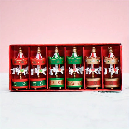 6 pçs carrossel de madeira cavalo pendurado ornamentos para decoração da árvore de natal feliz ir pingentes redondos festa em casa decoração do festival