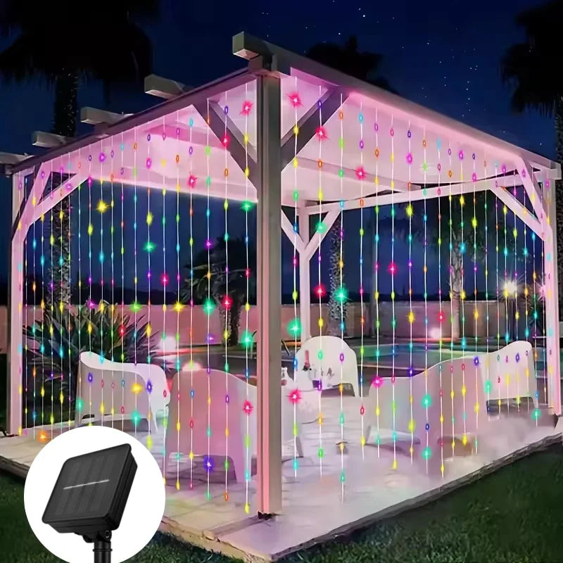 Cortina de luz solar ao ar livre à prova dwaterproof água solar fada guirlanda luzes da corda jardim quintal pavilhão festa casamento decoração do feriado luzes
