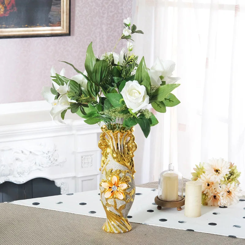 Vaso de flor grande cerâmico banhado a ouro europeu para decoração de casa, porcelana decorativa, design criativo, decoração do casamento