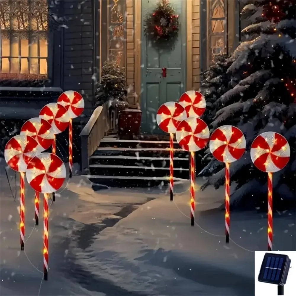 Luzes à terra de doces de árvore de Natal movidas a energia solar, decorações de cenas de gramado de férias, luzes de ambiente, paisagem de pátio ao ar livre l