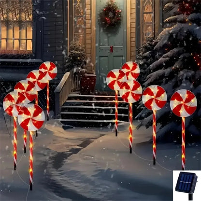 Luzes à terra de doces de árvore de Natal movidas a energia solar, decorações de cenas de gramado de férias, luzes de ambiente, paisagem de pátio ao ar livre l