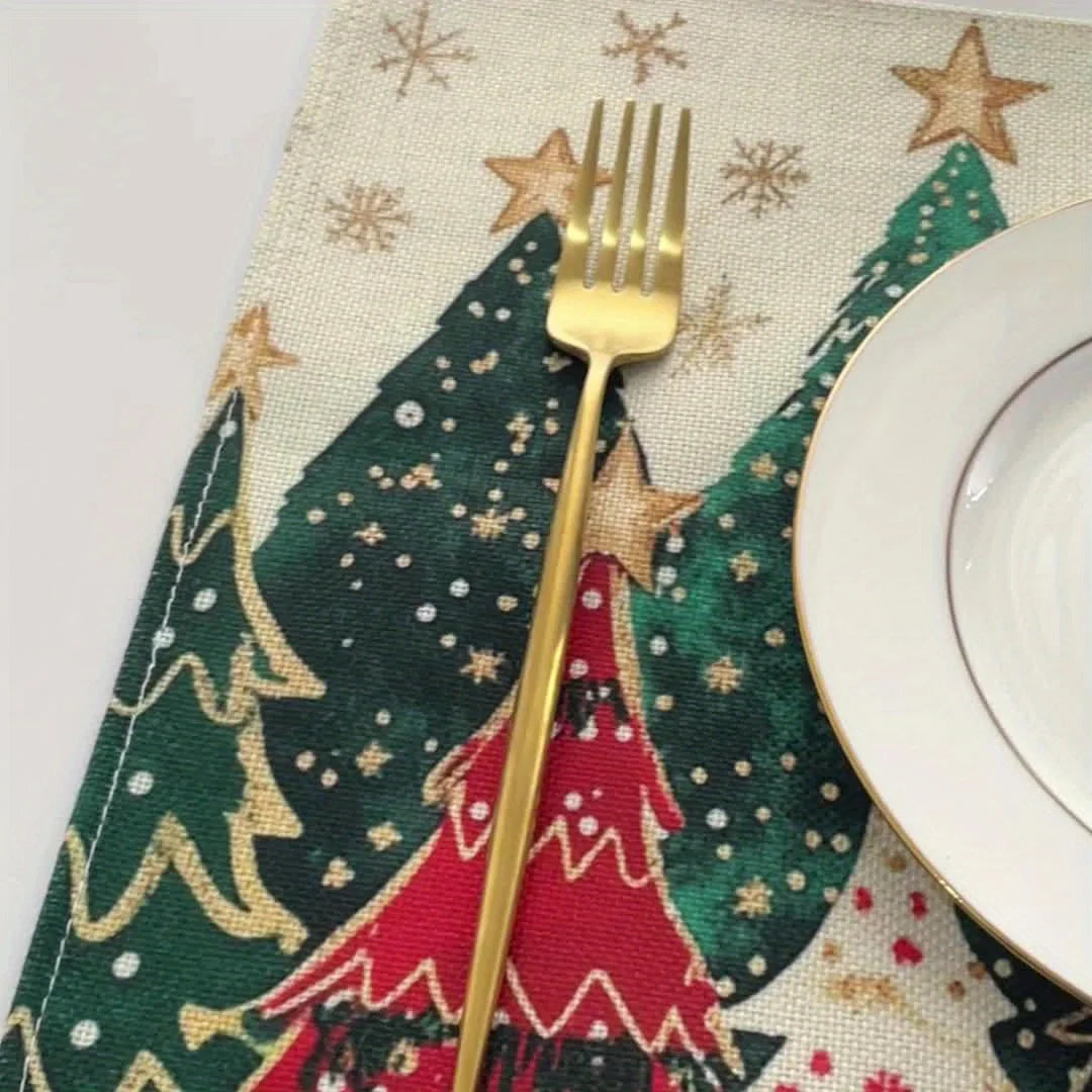 VIKAMA 4/6/8/10 unidades de jogos americanos estampados com árvore de Natal, tapetes de mesa de cozinha laváveis, jogos americanos decorativos de Natal