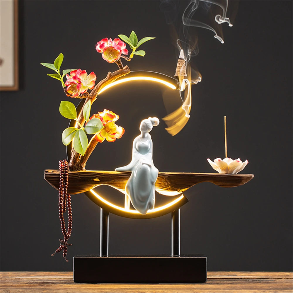 Queimador de incenso de refluxo de madeira de empregada cerâmica com 20 cone usb led círculo de luz lótus buda contas decoração de escritório em casa mobiliário